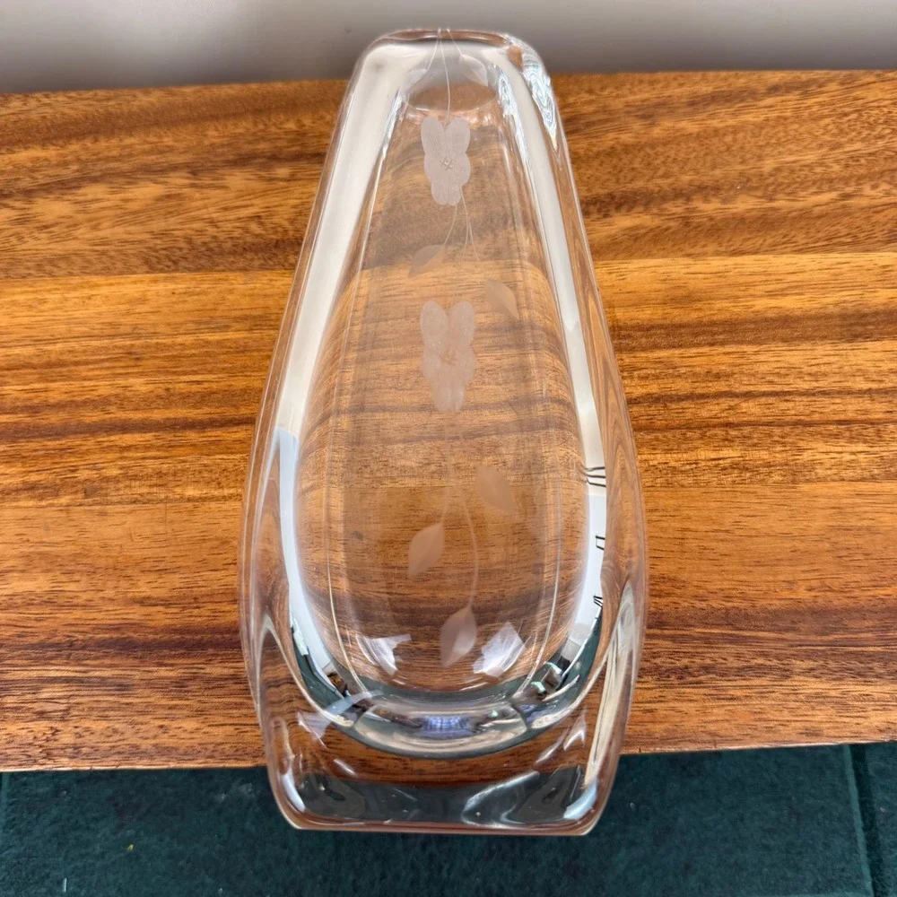 Johansfors Glasbruk Swedish Art Glass Vase Etched Floral Clear Crystal MCM 8.25